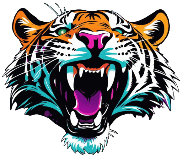 Roary the Tiger, the logo image for SheRoars Marketing and SheRoars In Business. A graphic tiger with an orange and white coat, with shadows shown in teal and purple accents for the tongue and nose. The text SheRoars is displayed infront of the open roaring mouth of the tiger.