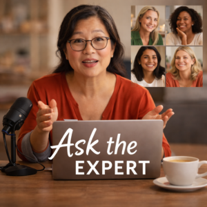 A women behind a laptop, with a mix present in the shot and a hot cup of coffee. She is addressing a group of professional women through an online call.