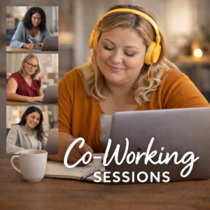 An main image of a woman writing down in a note book, behind her laptop. On a digital call with three other women. They look engaged and happy, as if part of an active conversation. The words Co Working Session are displayed, as an event advertising image.