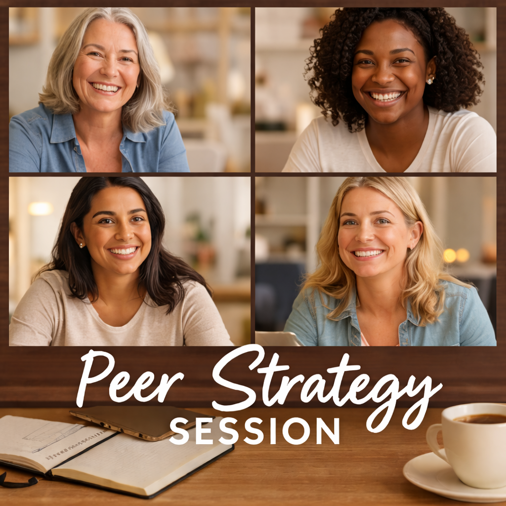 An image of four professional women, smiling into the camera, from their homes. The image states Peer Strategy Sessions.