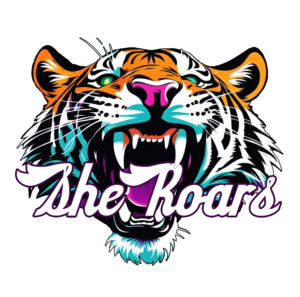 Roary the Tiger, the logo image for SheRoars Marketing and SheRoars In Business. A graphic tiger with an orange and white coat, with shadows shown in teal and purple accents for the tongue and nose. The text SheRoars is displayed infront of the open roaring mouth of the tiger.