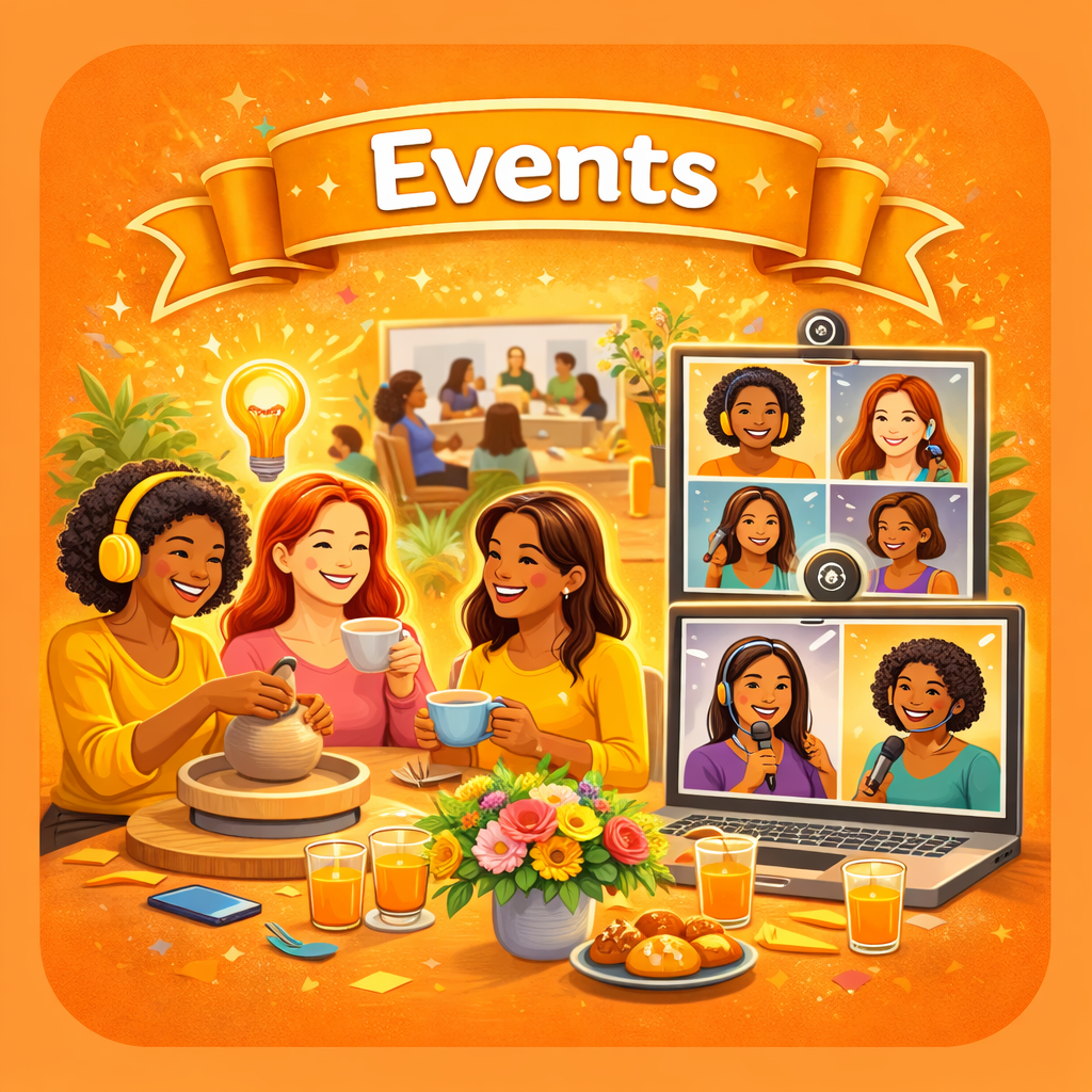 Community women’s event celebration Events button image, featuring three women enjoying an in person event with coffee and another group of women, engaging online. The world Events is displayed at the top. The image is mainly an orange colour.