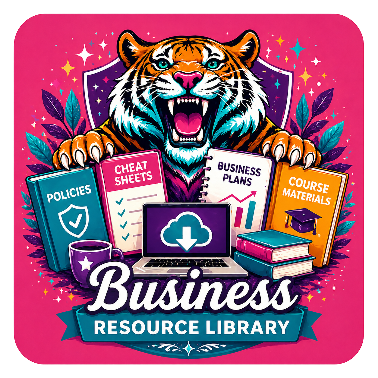 SheRoarsBusinessResourceLibrary Roary the SheRoars logo tiger, leading out over a selection of learning resources, behind a laptop with a download image showing. The world Business Resource Library are shown below.